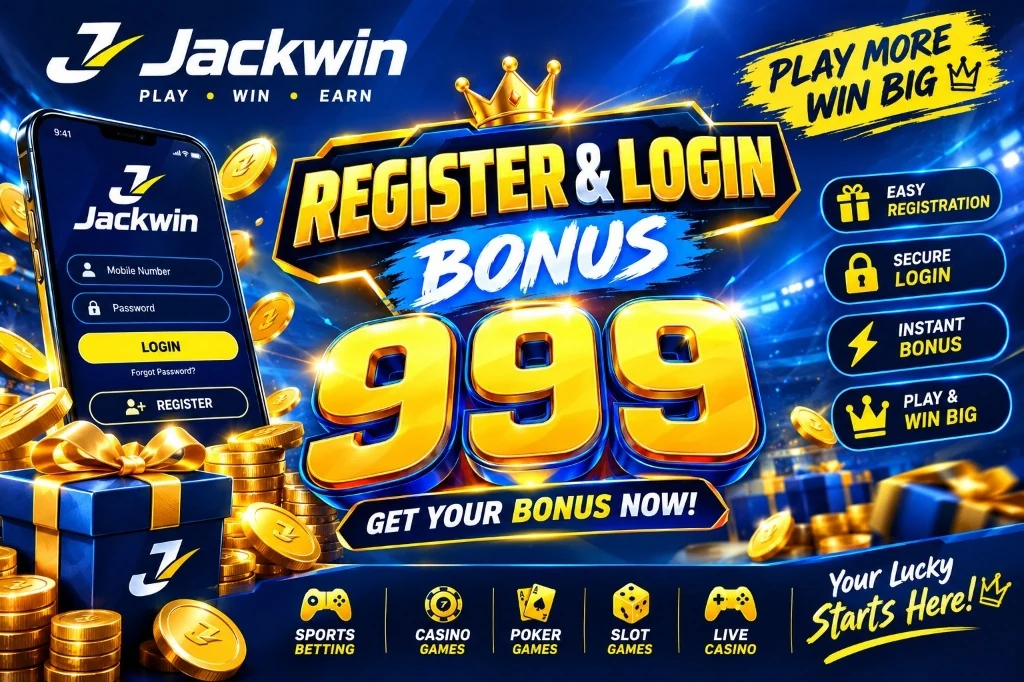 Jackwin Login and Registration Portal Bonus Banner showing Mobile App Sign In Interface
